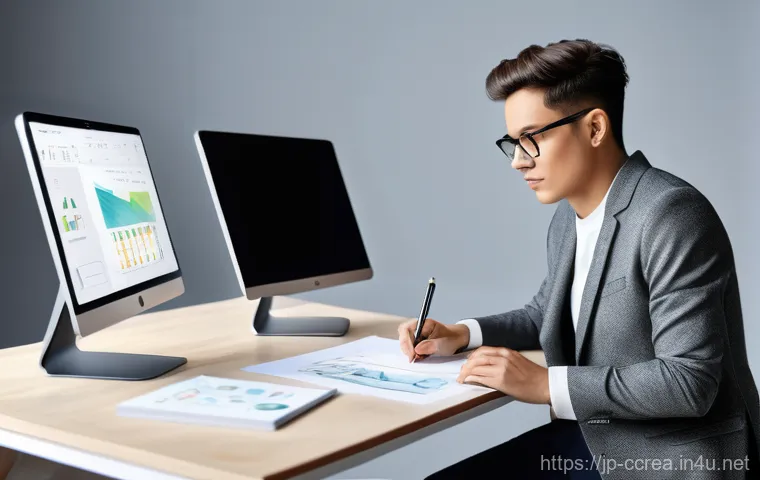 콘텐츠 크리에이터의 시간 관리 비법 - A dynamic split image: On the left, a focused male content creator in his mid-30s, wearing a simple ...