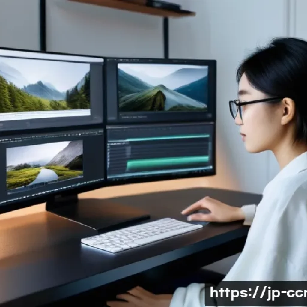 콘텐츠 크리에이터 필수 소프트웨어 목록 - A cozy home office scene with a young Japanese woman editing video on a sleek laptop, surrounded by ...