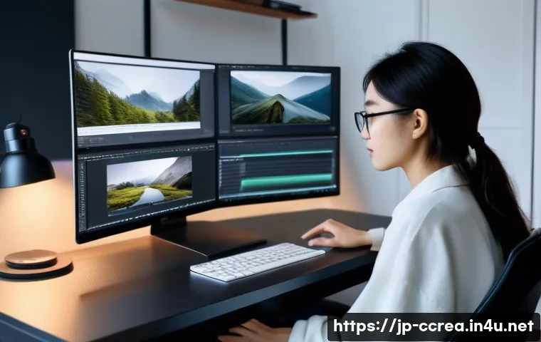 콘텐츠 크리에이터 필수 소프트웨어 목록 - A cozy home office scene with a young Japanese woman editing video on a sleek laptop, surrounded by ...