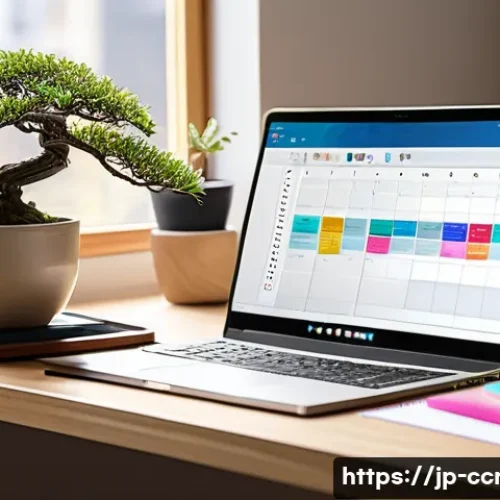 콘텐츠 크리에이터가 활용할 수 있는 무료 도구 - A modern Japanese home office setup for a content creator, featuring a sleek laptop displaying Trell...
