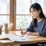 콘텐츠 제작자의 경력 전환 스토리 - A modern Japanese woman in her late 20s sitting at a minimalist desk in a bright home office, deeply...