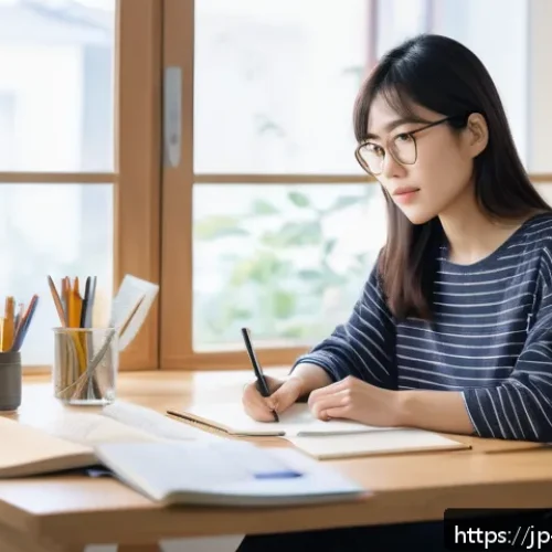 콘텐츠 제작자의 경력 전환 스토리 - A modern Japanese woman in her late 20s sitting at a minimalist desk in a bright home office, deeply...