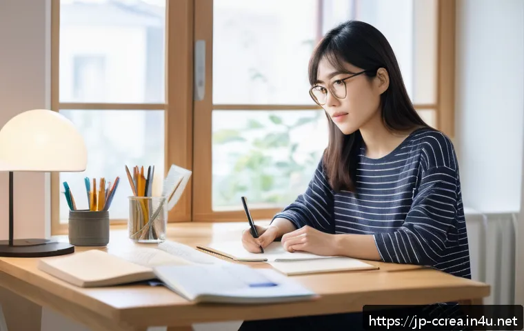 콘텐츠 제작자의 경력 전환 스토리 - A modern Japanese woman in her late 20s sitting at a minimalist desk in a bright home office, deeply...