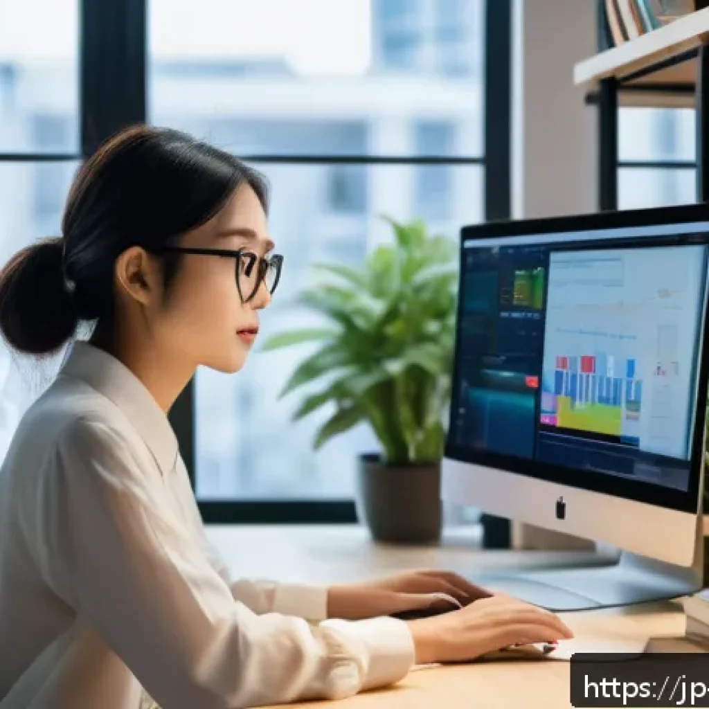 콘텐츠 크리에이터 자격증 관련 해외 동향 - A modern digital creator workspace featuring a young Japanese professional woman wearing stylish cas...