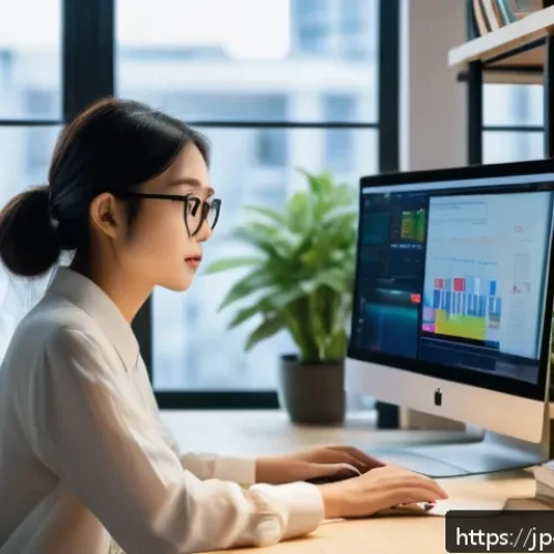 콘텐츠 크리에이터 자격증 관련 해외 동향 - A modern digital creator workspace featuring a young Japanese professional woman wearing stylish cas...