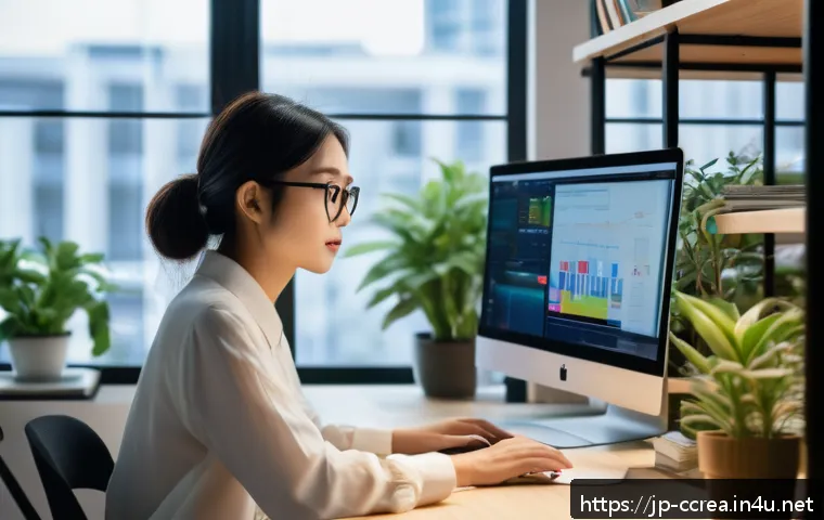 콘텐츠 크리에이터 자격증 관련 해외 동향 - A modern digital creator workspace featuring a young Japanese professional woman wearing stylish cas...