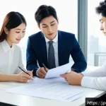 콘텐츠 크리에이터의 업무 리스크 관리 - A modern Japanese office scene with diverse young professionals in business casual attire discussing...