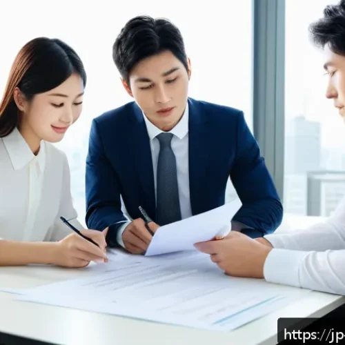 콘텐츠 크리에이터의 업무 리스크 관리 - A modern Japanese office scene with diverse young professionals in business casual attire discussing...