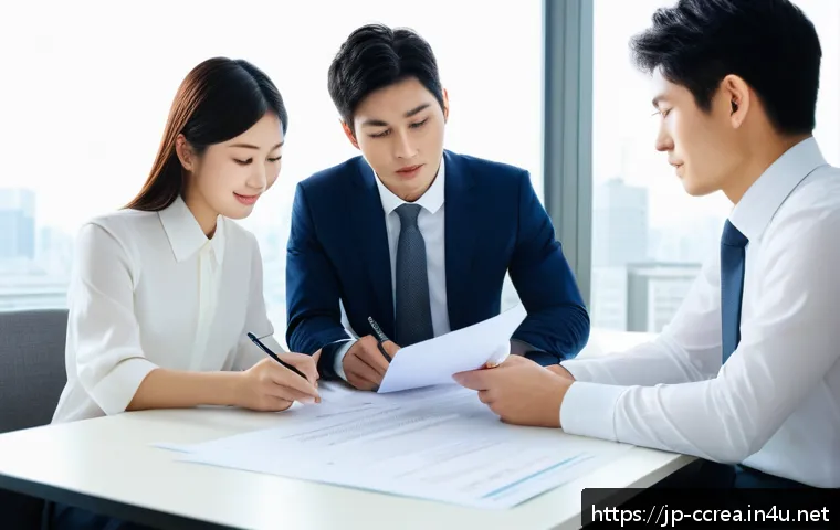 콘텐츠 크리에이터의 업무 리스크 관리 - A modern Japanese office scene with diverse young professionals in business casual attire discussing...