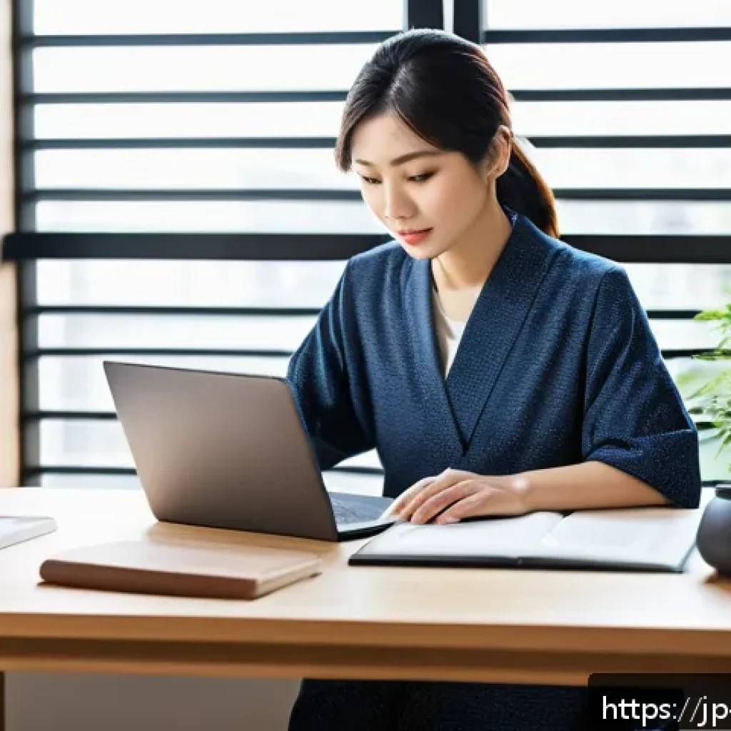 콘텐츠 크리에이터의 전문성 강화 전략 - A modern Japanese professional woman sitting at a sleek desk with multiple digital devices—laptop, t...