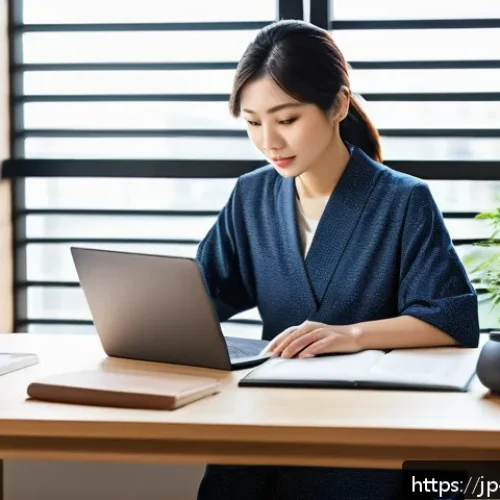 콘텐츠 크리에이터의 전문성 강화 전략 - A modern Japanese professional woman sitting at a sleek desk with multiple digital devices&mdash;laptop, t...