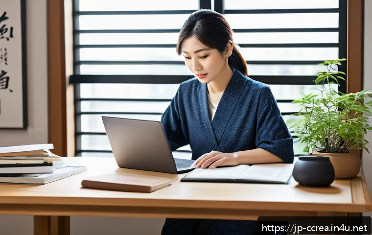 콘텐츠 크리에이터의 전문성 강화 전략 - A modern Japanese professional woman sitting at a sleek desk with multiple digital devices&mdash;laptop, t...
