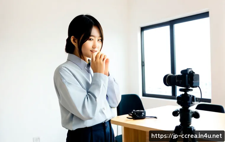 콘텐츠 크리에이터로 성공하는 비결 - Photorealistic Japanese content creator in a bright minimalist home studio, confidently filming a he...
